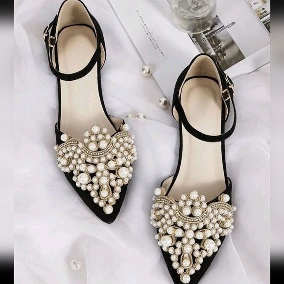 Shoes - Point Toe Faux Pearl Decor Ankle Strap Flats